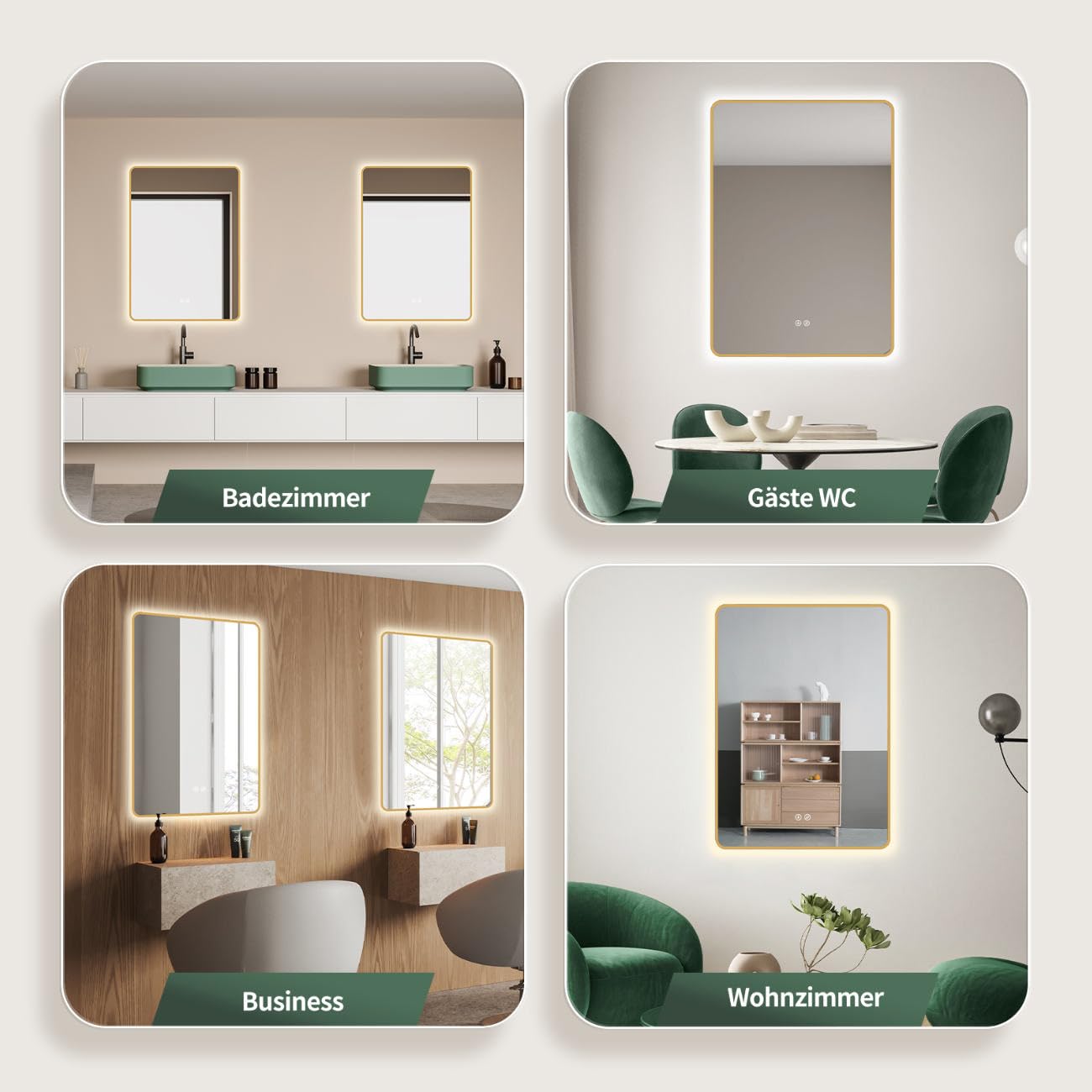 HOKO Antibeschlag LED Badspiegel 50x70 cm / 70x50 cm Louisiana mit Goldener Metallrahmen, HOCH+QUER Montage Schminkspiegel. Touch Schalter+Licht Wechsel 2700-6500K, Warmweiß-Kaltweiß-Neutral