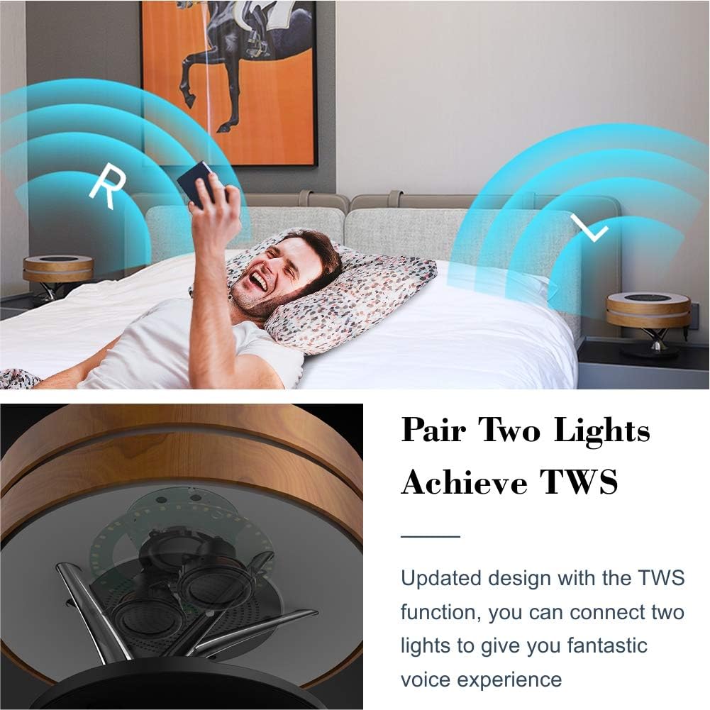Two focondot lamps placed on bedside tables, illustrating the True Wireless Stereo (TWS) function for a wider sound experience.