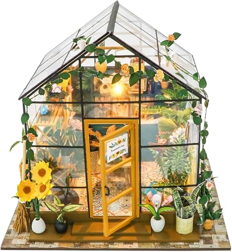 DIY Miniature House Kit with LED Lights - Sunshine Greenhouse | Beginner-friendly 3D puzzle, DIY book nook, botanical dollhouse for adults & teens; relaxing holiday gift for craft lovers