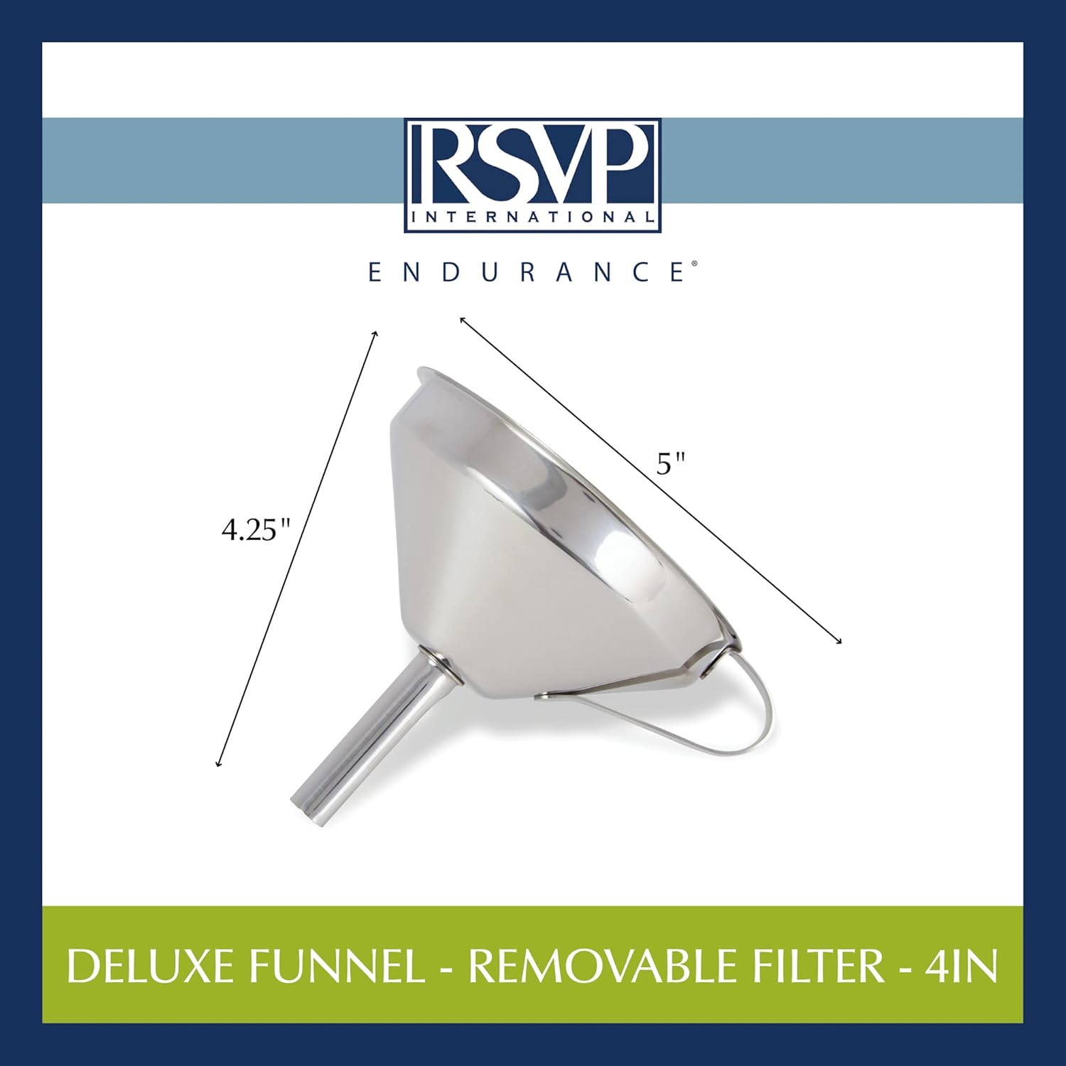 RSVP International Endurance Kitchen & Canning Large 18/8 Stainless Steel Funnel with Removable Straining Filter, Designed for Narrow or Wide Mouth Jars & Bottles, Dishwasher Safe, 5" Diameter