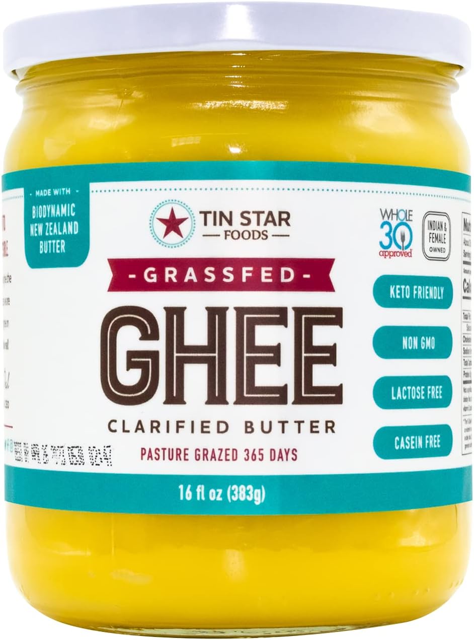 Tin Star Foods - 16 oz Certified Grassfed Traditional Desi Ghee GLASS JAR. Made in kettles and hand filtered in Dallas Texas. Indian owned brand