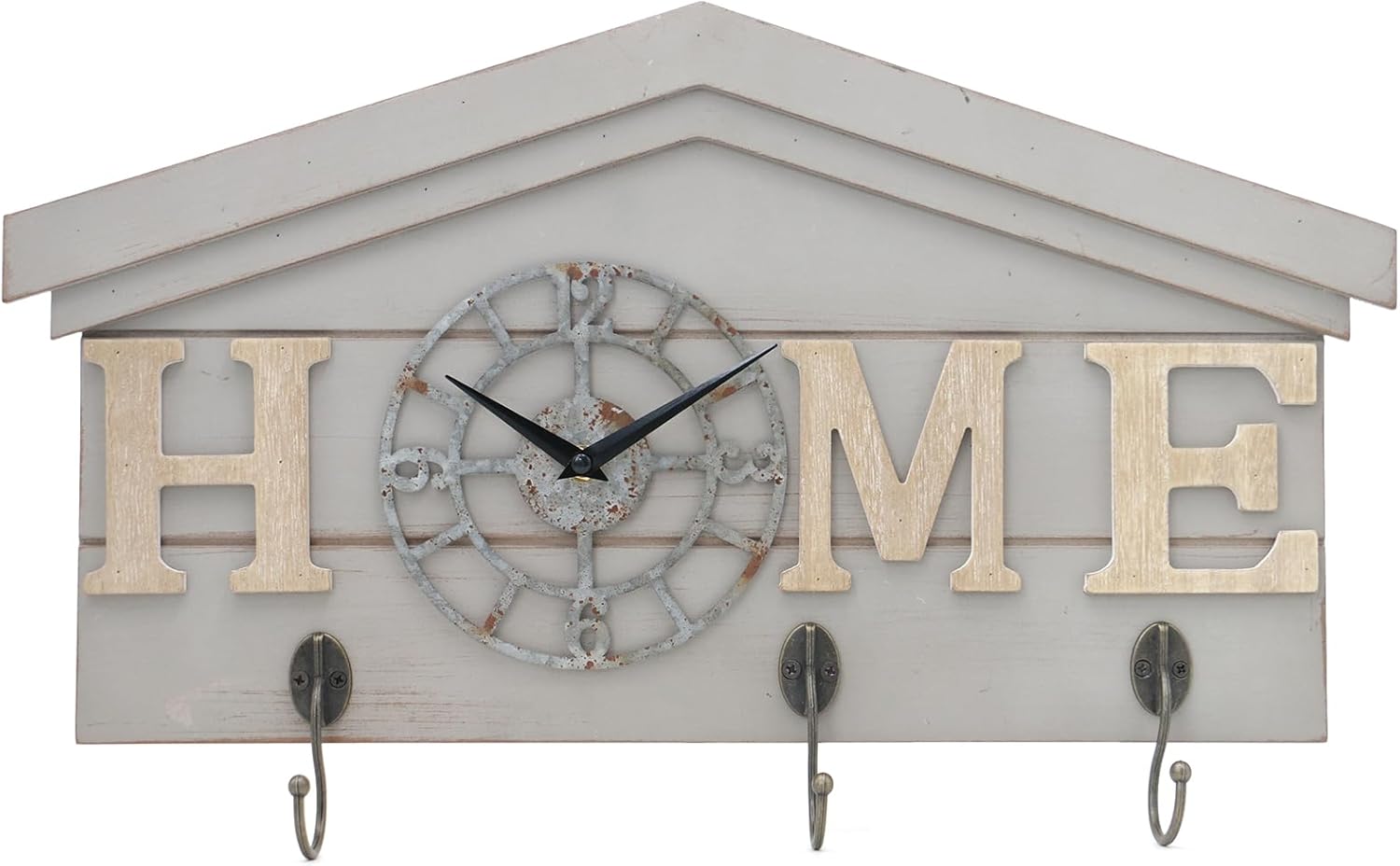 Farmhouse Battery Operated Wall Clock with Hooks Rustic Wooden Entryway Organizer with 3 Metal Hooks Key Hanger HOME letters Silent Quartz Clock Key Holder Wall Decor for Entryway Kitchen, Living Room