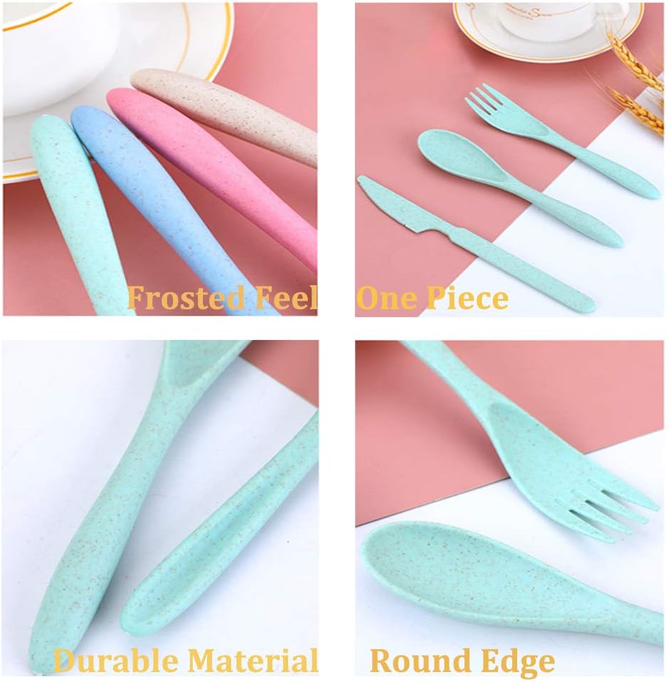 4 Sets Wheat Straw Cutlery,Portable Cutlery Spoon Knife Fork Tableware Set with Case for Adults Travel Picnic Camping Daily Use,Eco-Friendly BPA Free,4 Colors