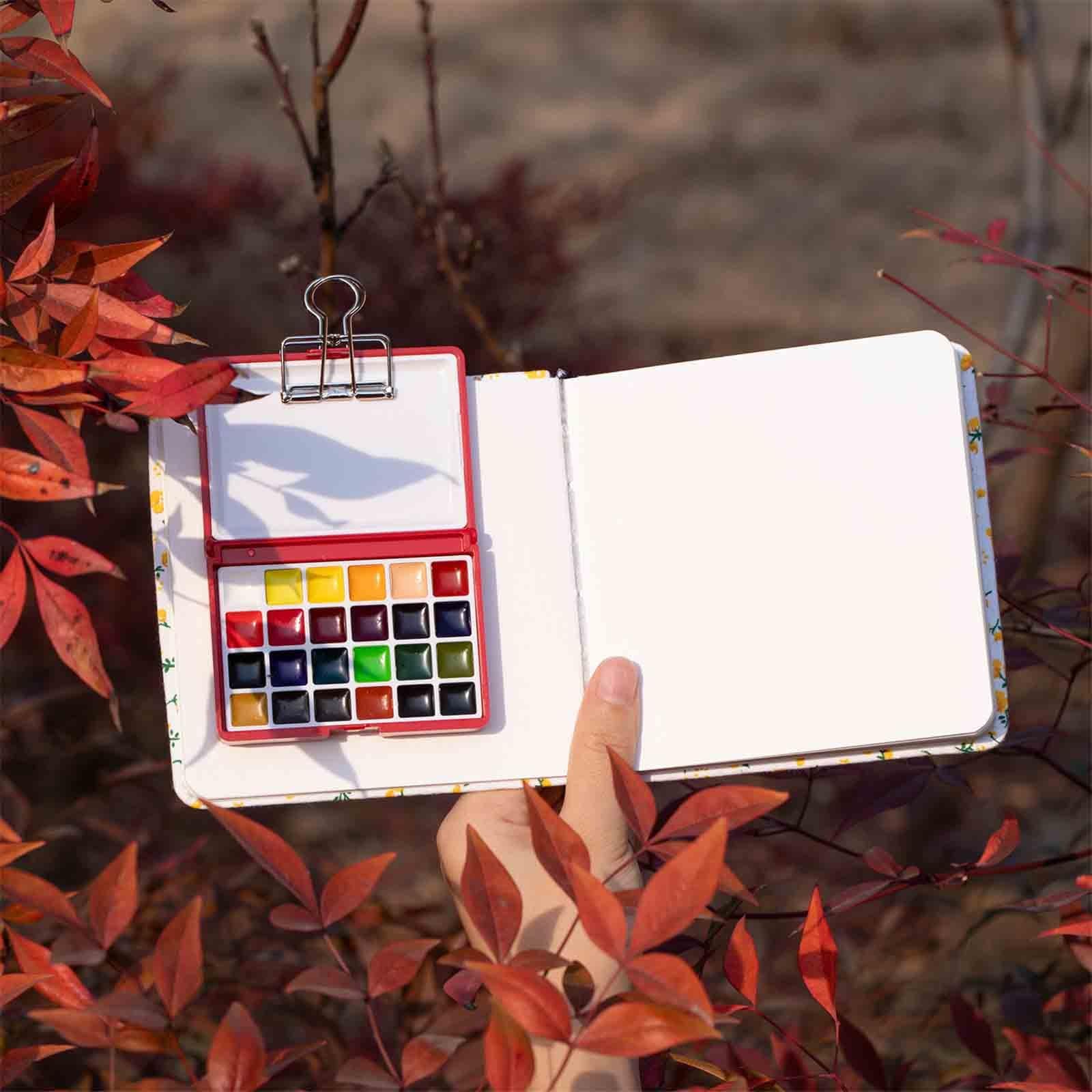 Anfänger Aquarellfarben Tragbar 12/24 Farben Mini Aquarell Set All-In-One Für Kunst Studenten Pocket Aquarell Set Solid Für Camping(Blue-24 colours-4pcs A)