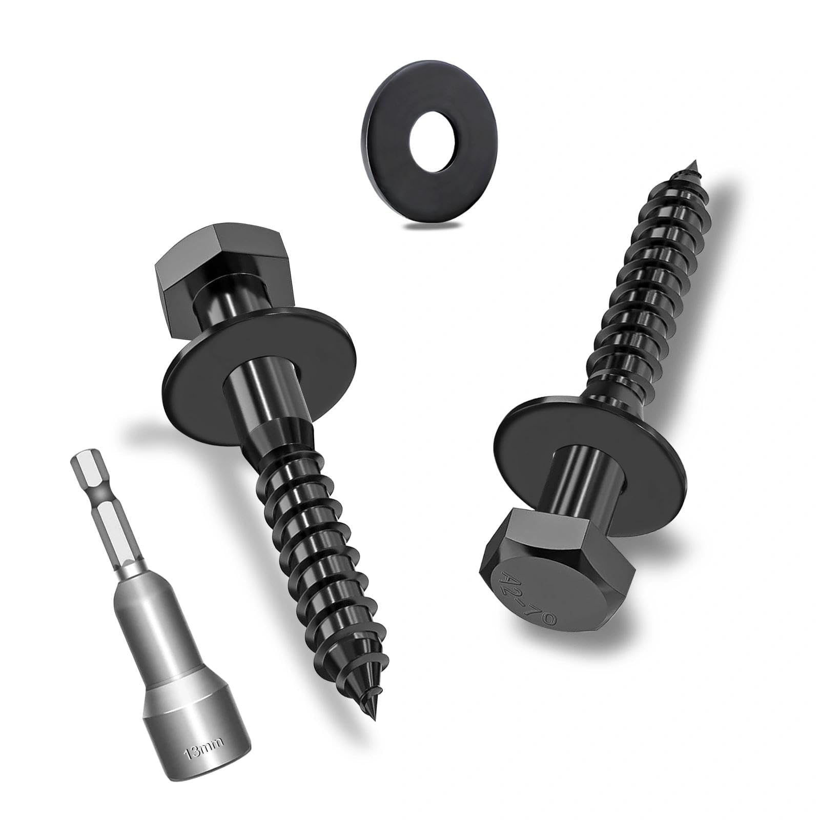 Ezitruz 12Pcs M8x35mm Coach Screws, Heavy Duty Lag Bolts, Hex Head Wood Screws 35mm, 304 Stainless Steel with Black Zinc Plating, Kit with Washers and Hex Socket Drill Bit