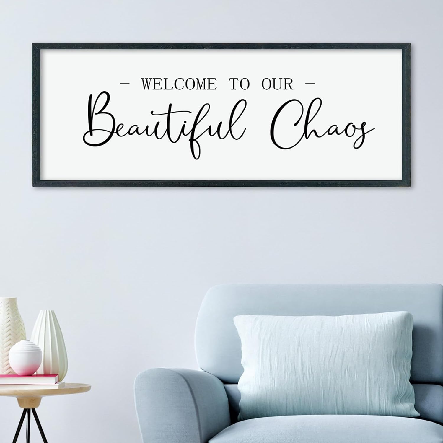 LuZhiQiang Welcome To Our Beautiful Chaos Sign Wall Decor 40×15 for Home Living Room Entryway Bedroom Large Wood Framed Wall Hanging Art (Black)