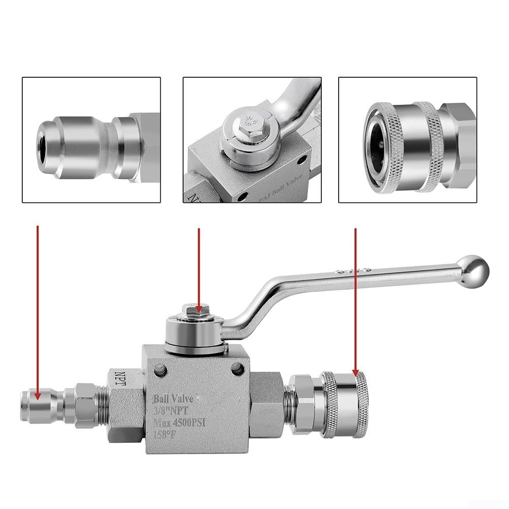 Valvola a sfera ad alta pressione da 4500 PSI, tubo flessibile della valvola di arresto dell'idropulitrice a sgancio rapido 3/8, struttura in acciaio inossidabile (3/8)
