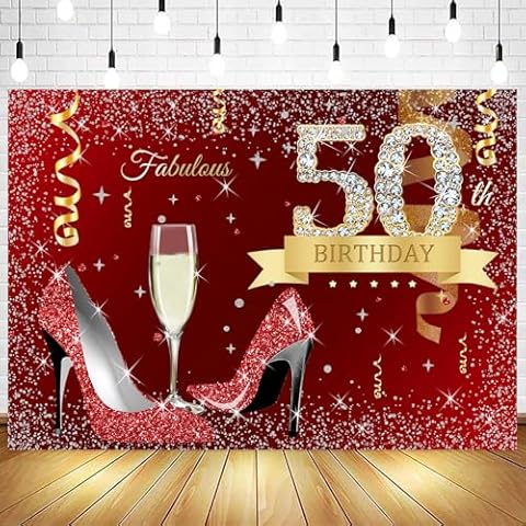 Withu Glitter Gold Red Happy 50th Birthday Backdrop for Women Fabulous High Heels Champagne Cup Celebrate 50 Fifty Years Old Banner Bday Party Decorations Photography Background 7x5ft Cover