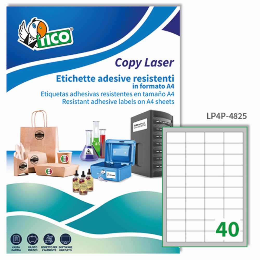 Tico Italia LP4P-4825 Etichette adesive bianche resistenti in poliestere, 70 fogli A4, rettangolari 48,5x25,4mm, 40 etichette per foglio, adesivo permanente, stampanti laser