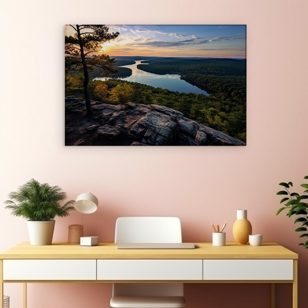 Canvas for Living room. Sunset Serenity by the Meandering River � A Tapestry of Autumn's First Whisper, 27 x 18 inch Canvas Wall Art - Contemporary Masterpieces - Modern Home Decor