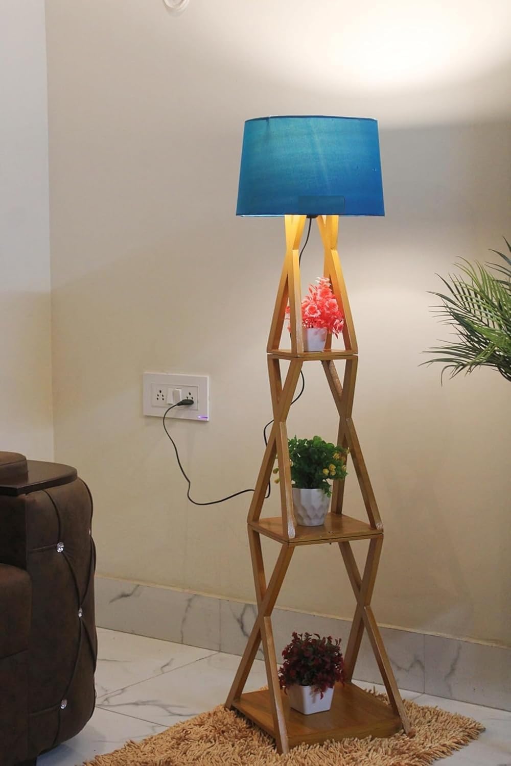 Wooden Italian Wooden Crafter Standard Size Floor Lamp New Cross Design with Khadi Lamp Shade, Bulb and Holder, Pack of 1 (Blue)-image-0