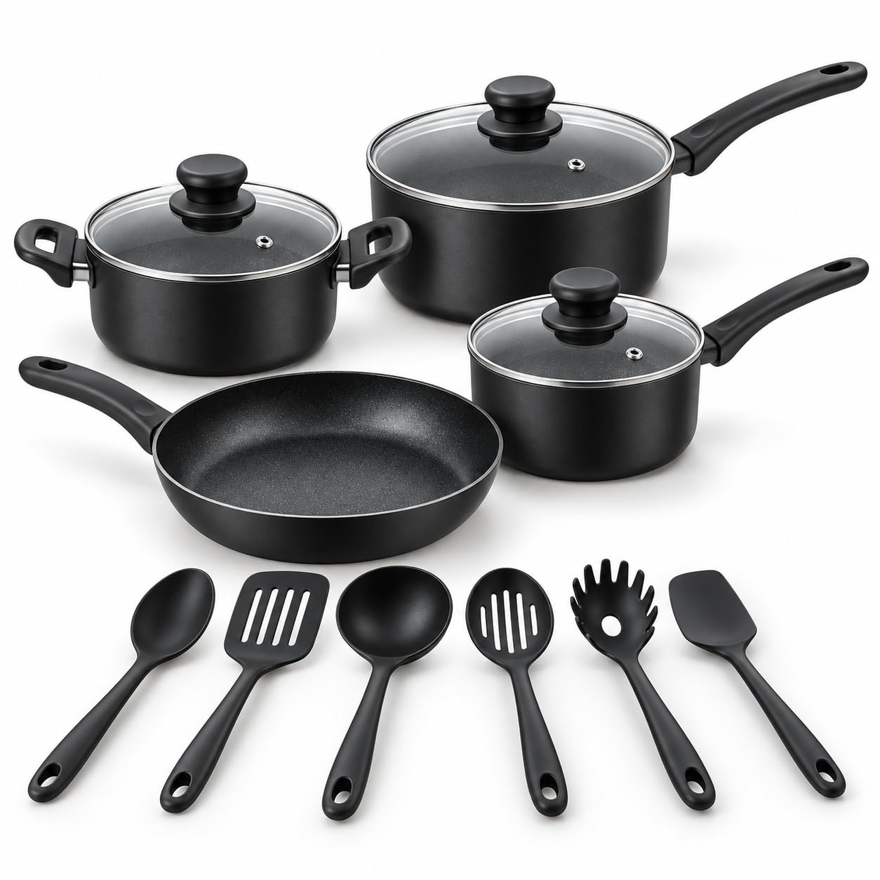 13PCS Induction Pan Set Saucepan Set Cookware Pot Non Stick Saucepan Glass Lid Black 22cm Frying Pan 16-22cm Pots 6 Kitchen Tools