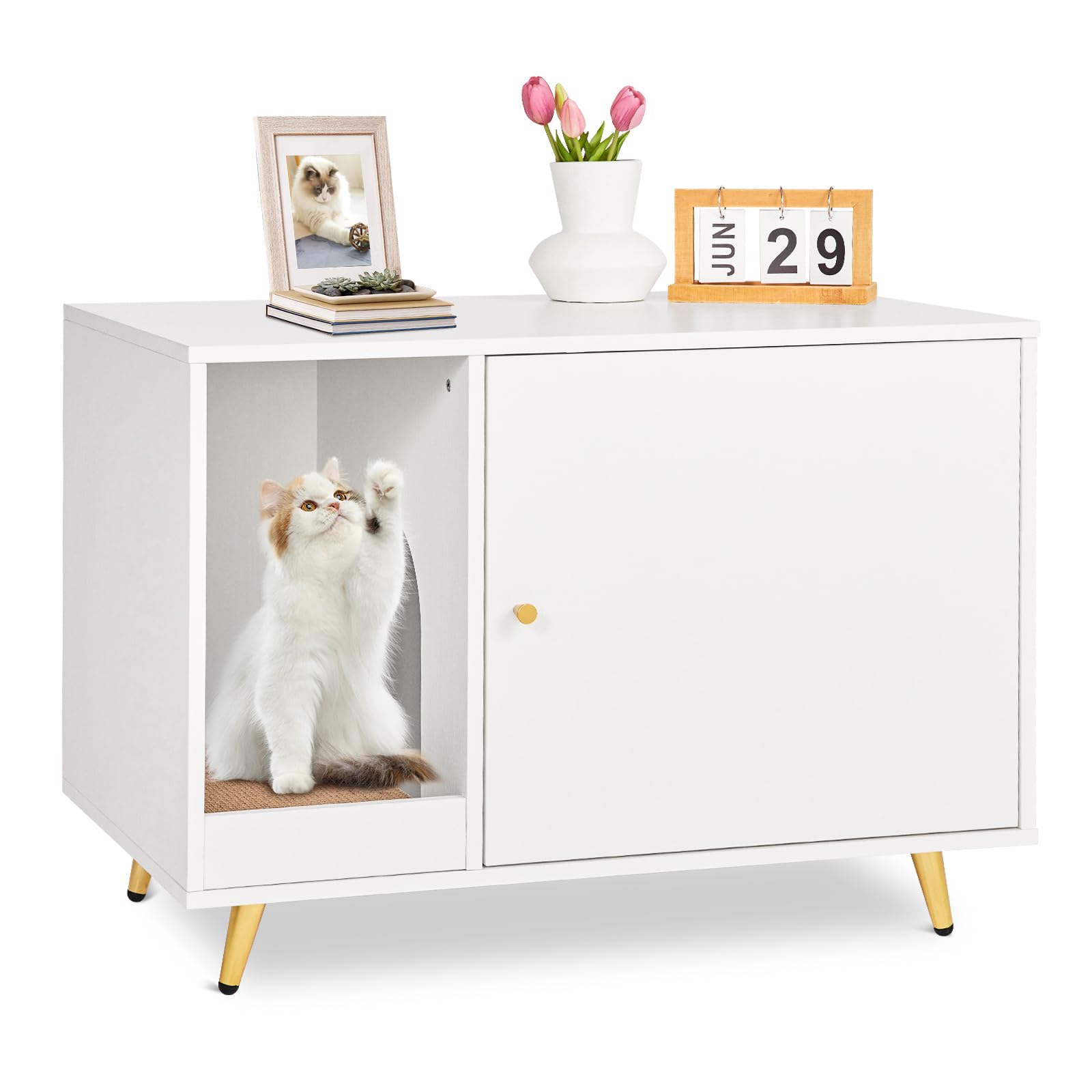 Armadietto Lettiera Per Gatti 98x91x50cm - Con Tiragraffi, Grigio Chiaro, Portata 50kg - Foto 7