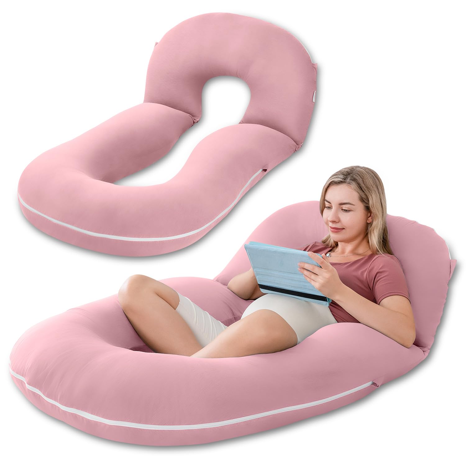 INSEN Pregnancy Pillows Multi-use Maternity Pillows for Sleeping and Nursing U Shaped Pillow for Adults Cooling Tencel-Pink