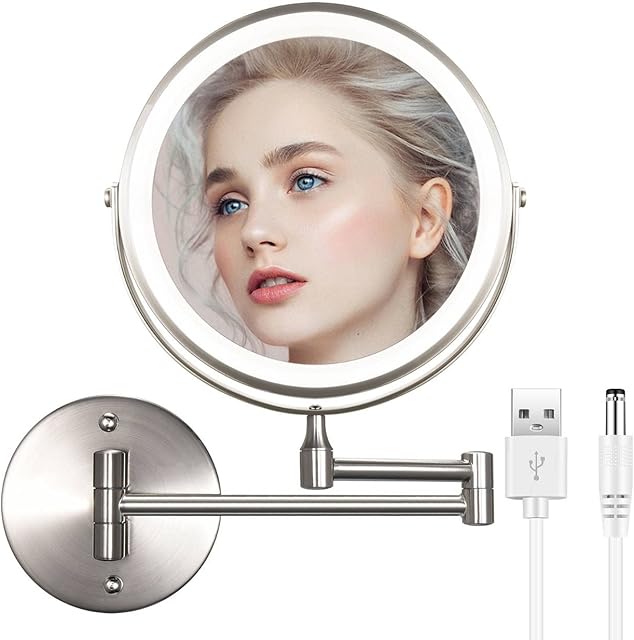 WITFAMILY 8'' Rechargeable Wall Mounted Mirror with 1X/10X Magnification, LED Magnifying Makeup Mirror with 3 Light Modes, 360 Swivel Double Sided Extendable Vanity Mirror, Touch Control & Auto Off