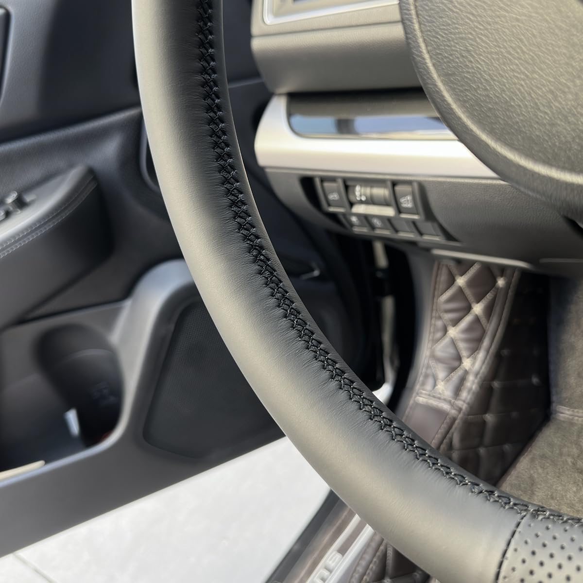 Loncky Custom Fit Black Genuine Leather Steering Wheel Cover for Subaru Legacy 2015 2016 2017 / Outback 2015 2016 2017 / Forester 2017 2018 / Crosstrek 2016 2017 Accessories