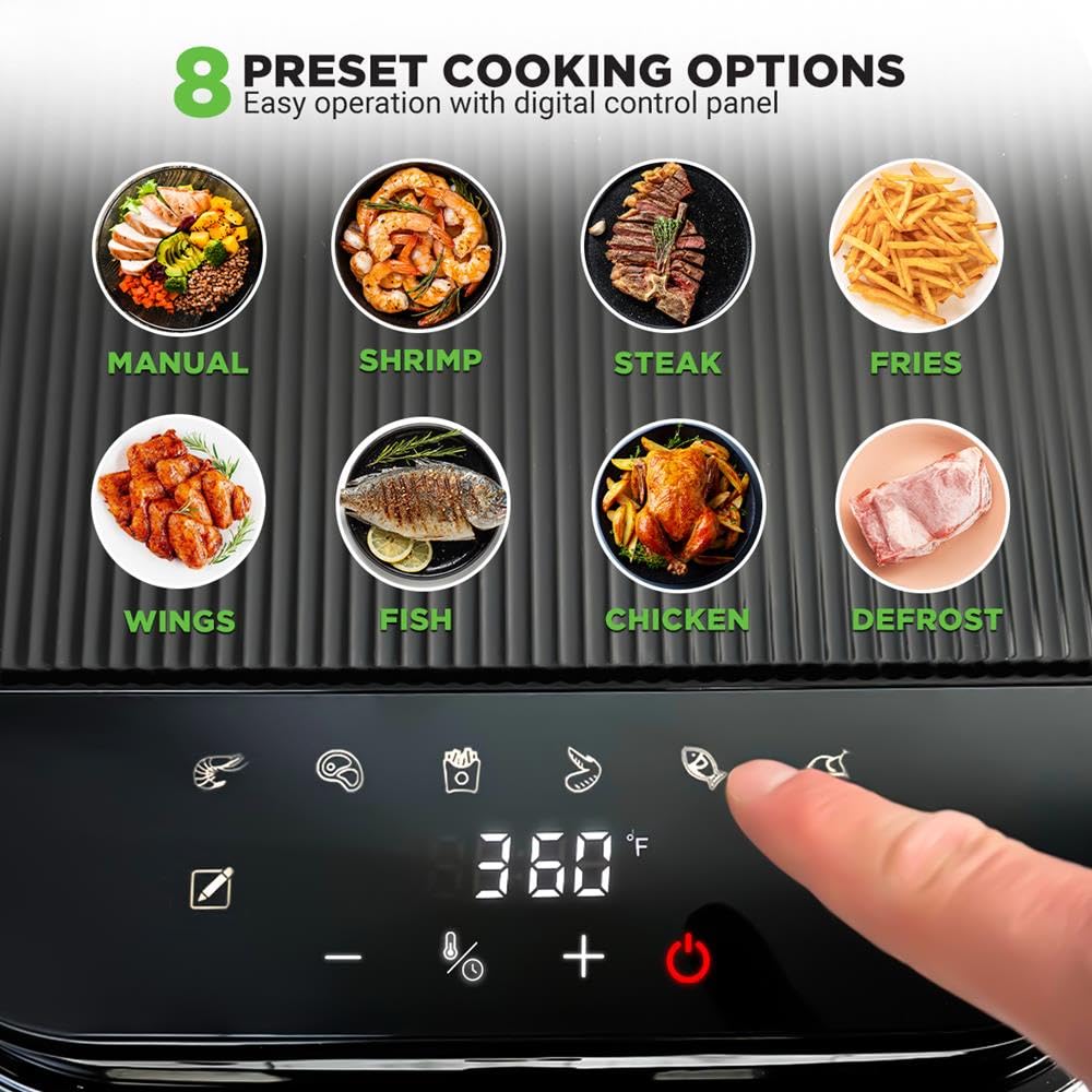 NutriChef Freidora de aire caliente de 5,5 L, color negro, 8 en 1, con recipiente de cristal y pantalla táctil LED, para freír sin aceite, circulación de aire caliente de 360°, para patatas, pollo