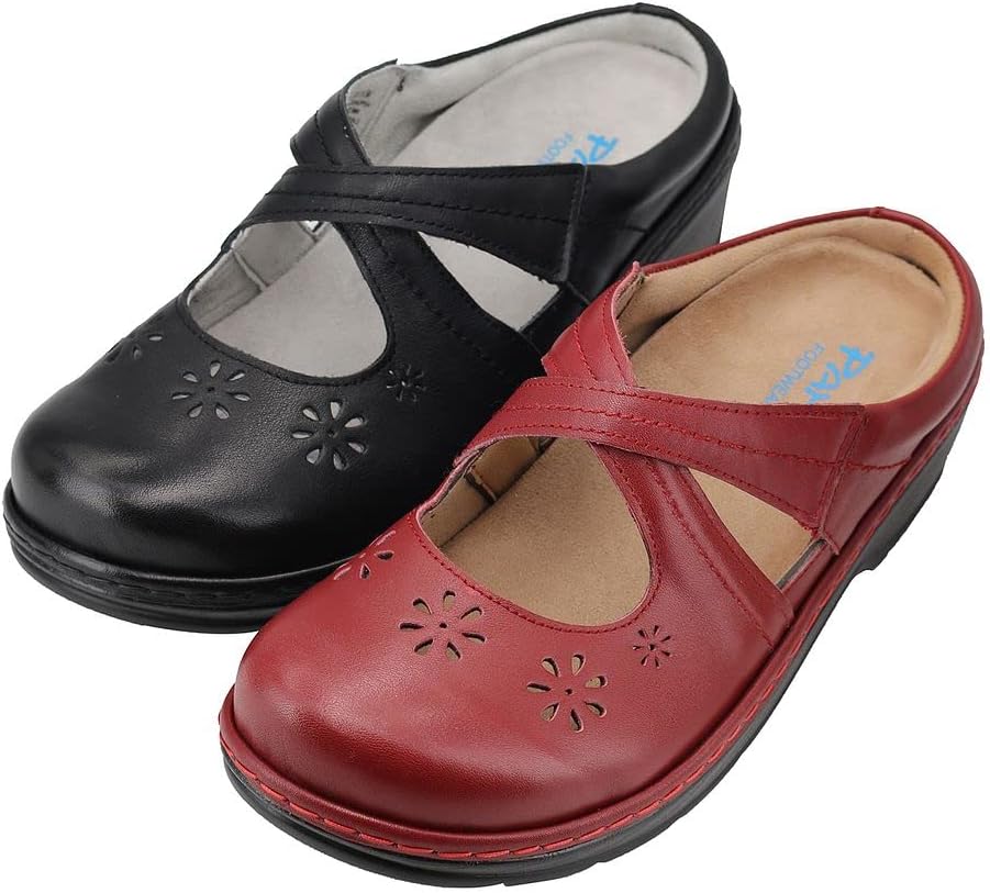 Women's Mary Jane Clogs and Mules Leather Shoes with Arch Support 6 Burgundy