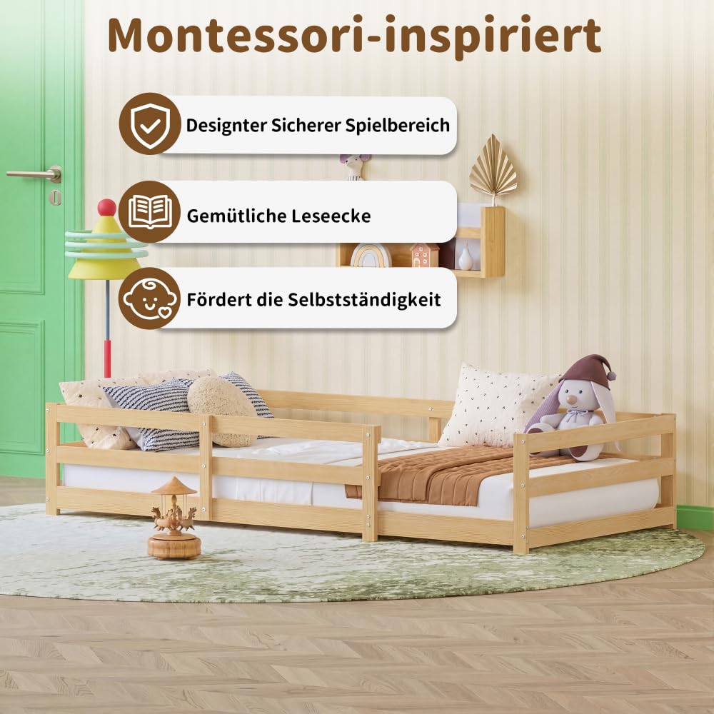 Montessori Łóżko dziecięce z drewna sosnowego, z obramowaniem bezpieczeństwa, łóżko blisko podłogi, dla małych dzieci, łatwy montaż, bez stelaża (90 x 200 cm, naturalne)