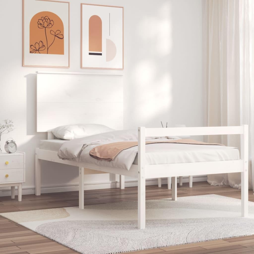 Seniorenbett 90x190 cm mit Kopfteil, Massivholz Kiefer Bettgestell in Weiß, Seniorengerechtes Holzbett mit 45 cm Sitzhöhe, Einzelbett für Senioren und Erwachsene
