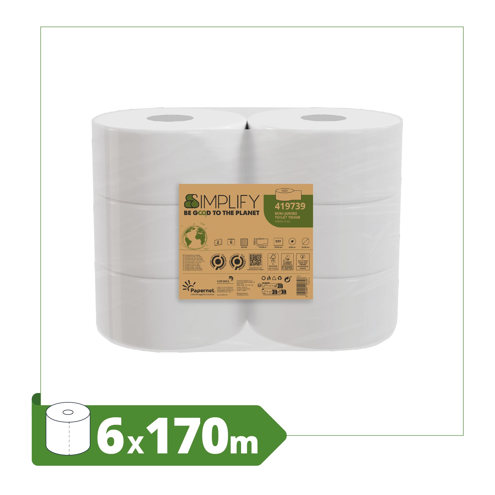Papernet Simplify Toilettenpapier Carbon Neutral Mini Jumbo 419739, 1 Packung mit 6 Rollen aus reinem Zellstoff, je 170 m, 2-lagig, 8,6 x 30,5 cm