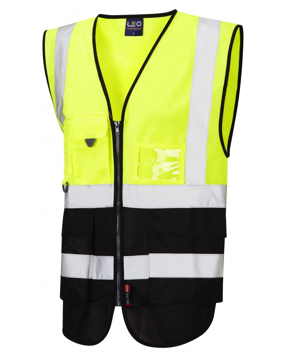 Leo Workwear Yellow-Black Lynton W11 Dual Colour Hi-Vis Class 1 Multi-Pocket Superior Waistcoat, Xl,