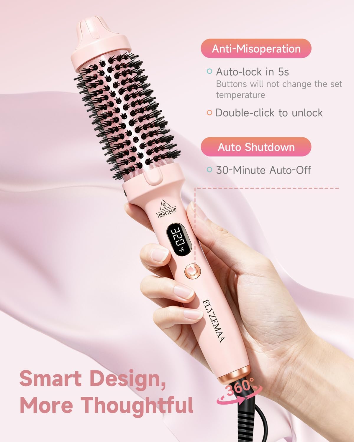 Thermal Brush, FLYZEMAA 1.5 Inch Heated Round Brush for Long Dry Hair, Heated Brushes Straightener with 3 Temp Settings, Blowout Brushes for Curling & Volumizing, Anti-Scald Nylon Bristles(Pink) - Image 7