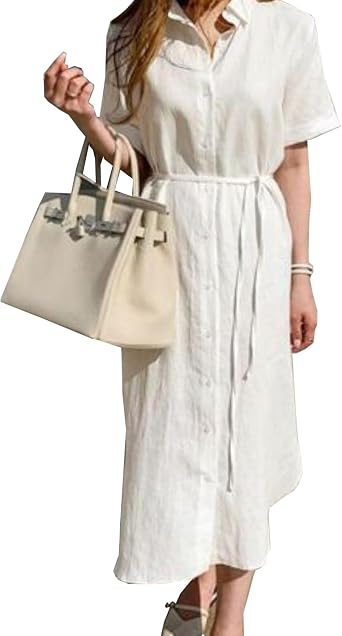 TONCHENGSD Womens Casual Short Sleeve Button Down Tie Waist Cotton Linen Shirt Dresses