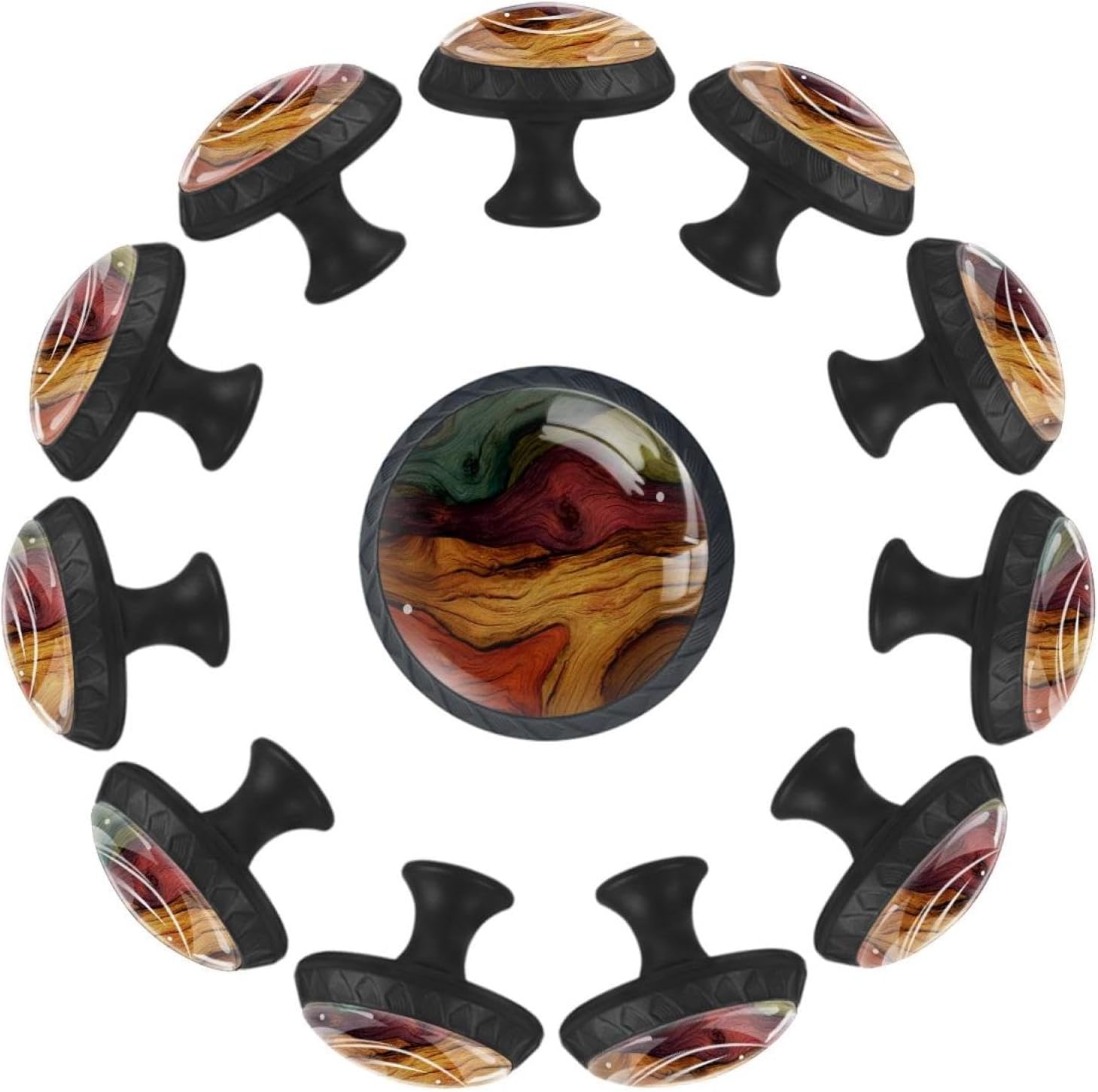 Black Colorful Wood Pattern (2) Durable Glass Knobs, Practical Drawer Pulls for Cabinet and Closet