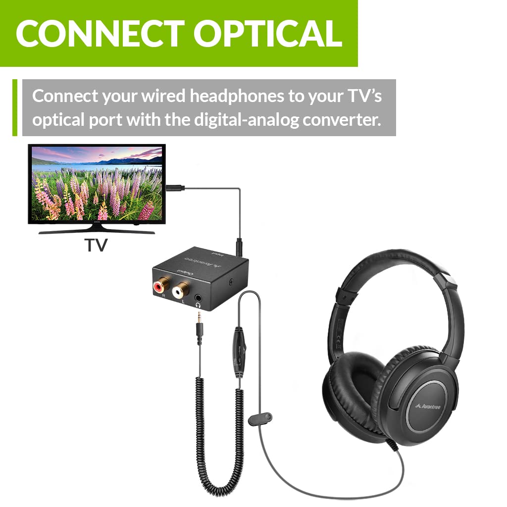 Diagram showing how to connect Avantree HF2039 headphones to a TV via optical audio using the DAC.