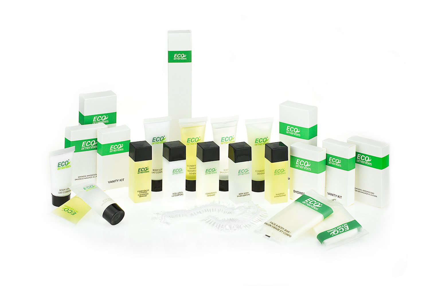 ECO amenitiesTravel Bulk Size Toiletries, 75 Piece Set – 15 Each of 1oz AirBnb Hotel Shampoo, Conditioner, Body Wash, Lotion, and Bar Soap Supplies for Guests, Hosts & Hospitality Use