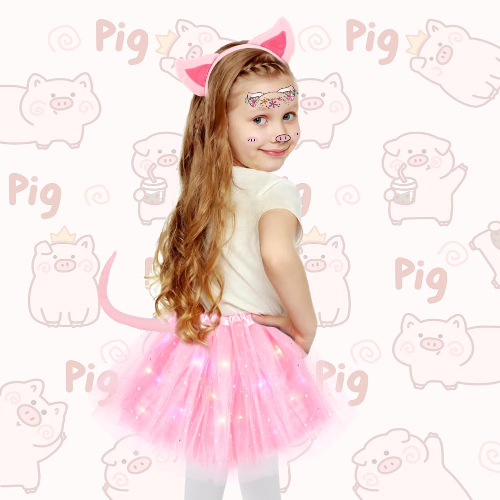AOOWU Luminoso Costume Animale Bambina, Kit di 6 Pezzi Costume Animale Tutu LED Gonna con Cerchietti Orecchie maiale Naso Coda Papillon Adesivi per Halloween, Carnevale Cosplay Party