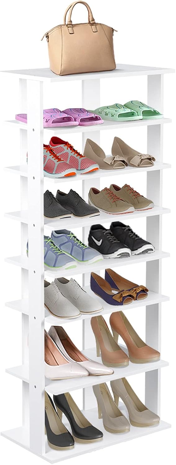 7-Tier Shoe Rack, Entryway Shoe Shelf Organizer with Multiple Layers, Detachable Board, Different Gaps, Vertical Shoes Storage Tower for Narrow and Small Space (White, Double Rack)