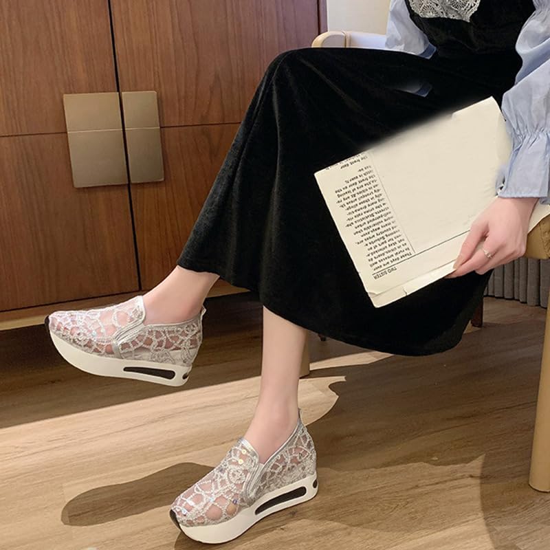Women Lace Sequin Floral Embroidery Sheer Mesh Platform Wedge Sneakers Slip-On Breathable Non-Slip with Arch Support Low Top Loafers2