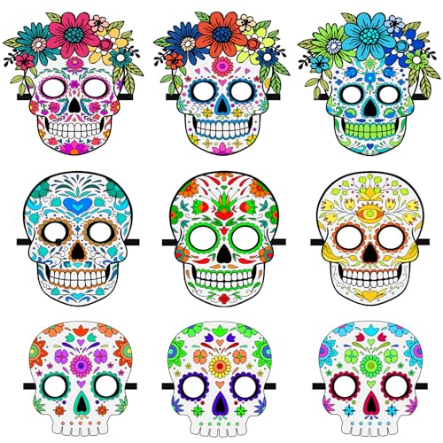 MineIdea Day of the Dead Felt Masks for Adults 9 Pack Dia de Los Muertos Skull Masks Floral Sugar Skull Mask Adjustable Halloween Masks Dia De Los Muertos Decorations for Halloween Cosplay