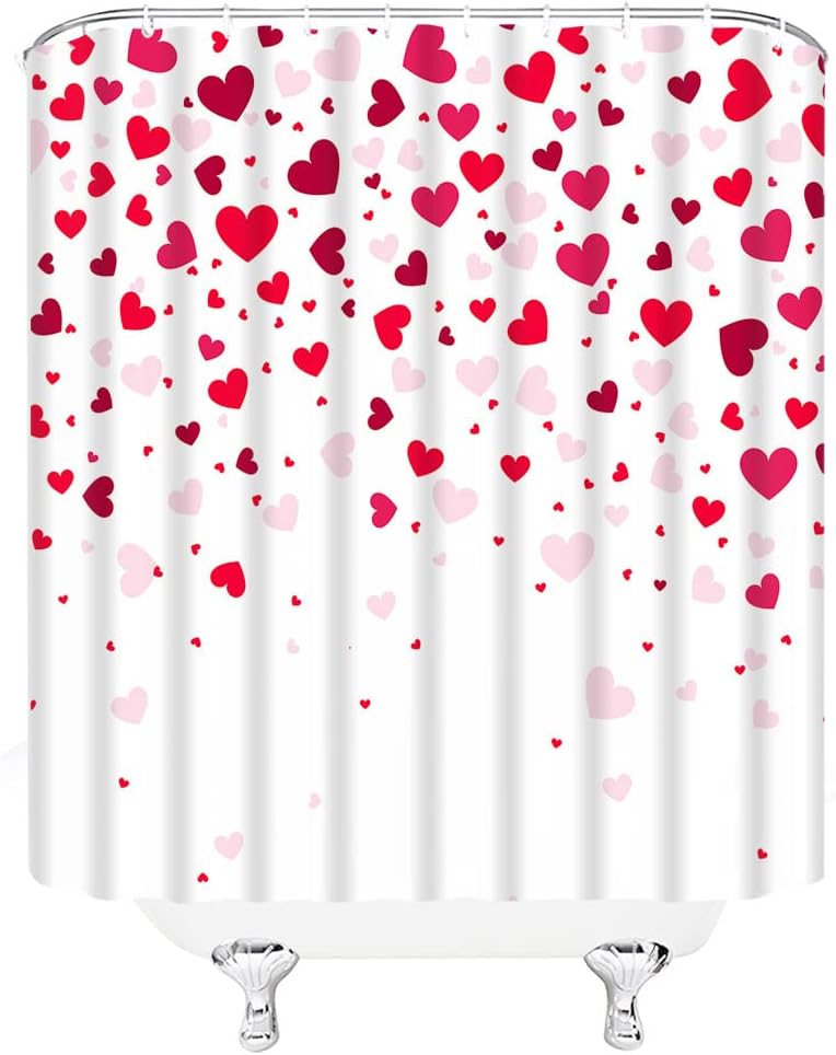 Valentine's Day Shower Curtain Romantic Heart Red Love on White Background Sweet Valentine Happy Theme Girl Bathroom Decor Curtains with Hook 80x70 Inch