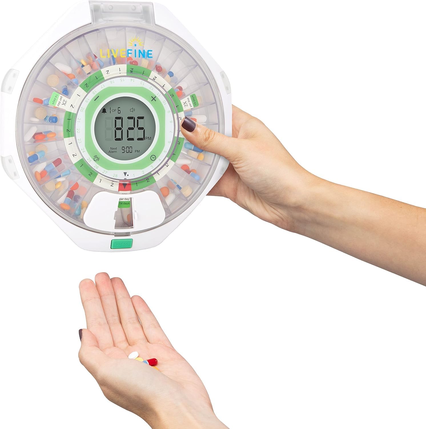 Close-up of the Live Fine pill dispenser showing the key lock mechanism on the side.