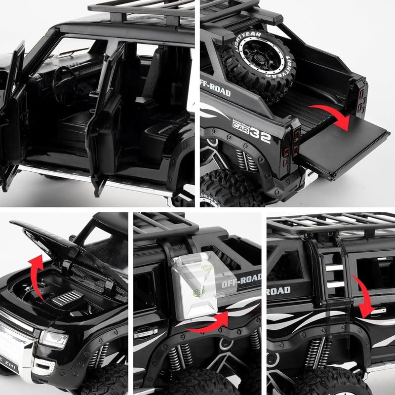 Image of Kids Model 1:24 6 Wheel Defender Die Cast Metal Car Pull Back Action Opening Doors with Realistic Engine Sound Lights Toy Car Gift for Boys - Black