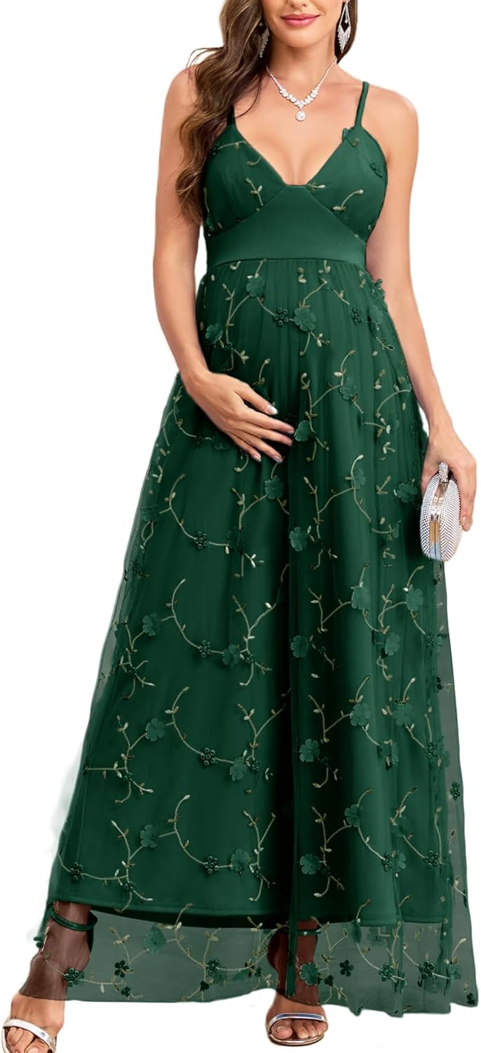 AISWI 3D Floral Maternity Maxi Dress V-Neck Tulle Spaghetti Strap A-Line Pregnancy Gown for Baby Shower Wedding Party