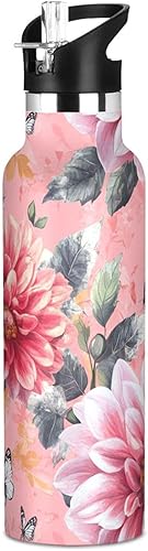 Miniatura 8 de Botella de agua reutilizable con aislamiento de doble pared blanco Dianthus retro, aislada con tapa de pajilla, sin BPA, a prueba de fugas, para