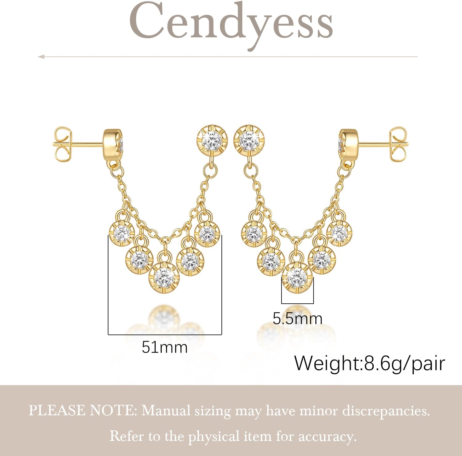 Gold Studs Earrings for Women 14K Gold Earrings for Women Double Piercing Chain Stud Earring for Womens Stud Innovative Double-Piercing Design with Cubic Zirconia Earring Studs for Womens - Image 2