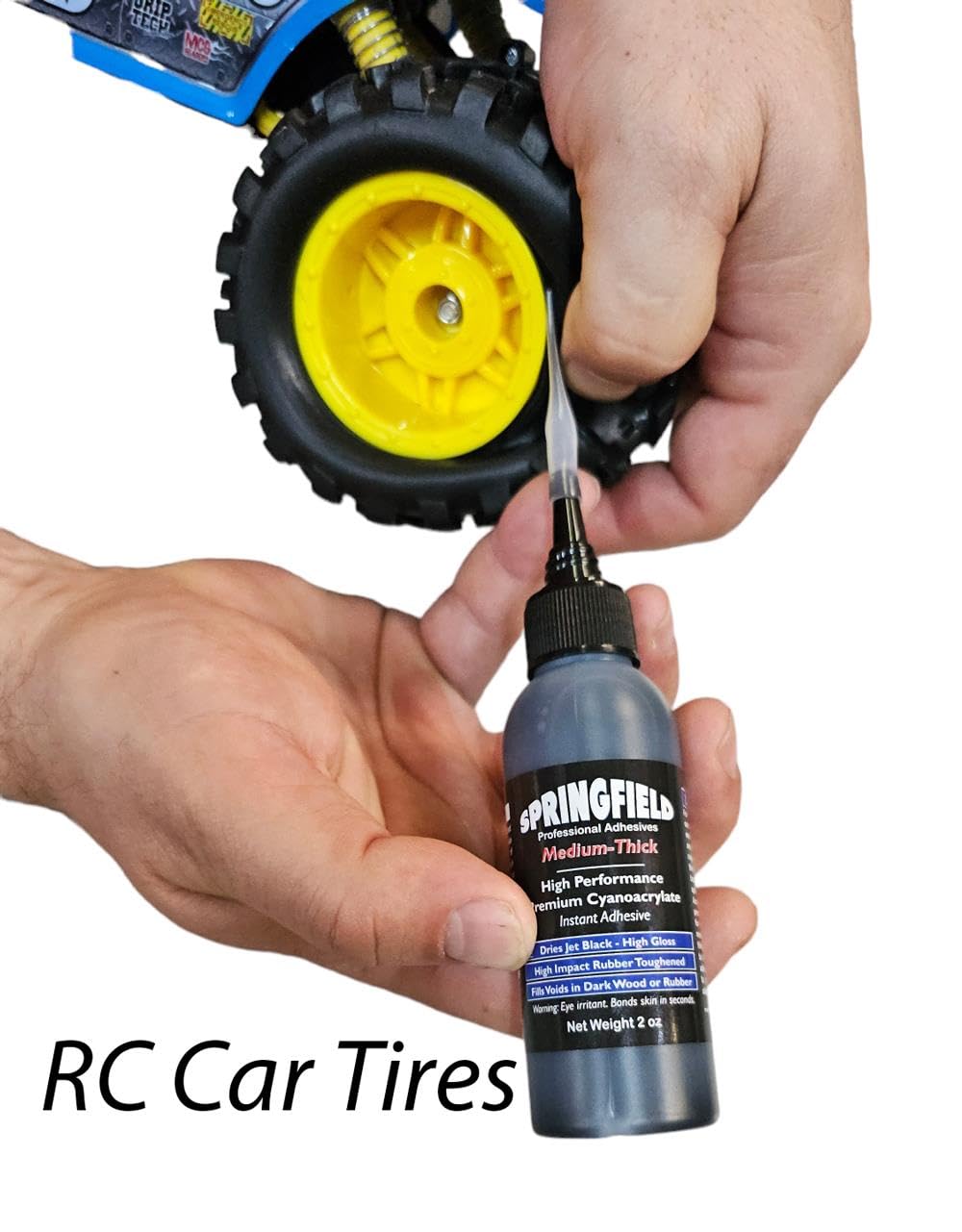 Black Rubber Toughened CA Glue with Premium Accelerator - 2oz Cyanoacrylate Super Glue - Medium-Thick 500 CPS Viscosity Adhesive Plus 2oz Instant Tack Spray by Springfield Speaker