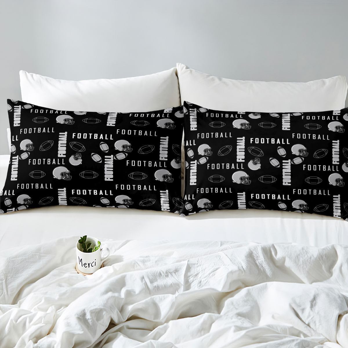 jejeloiu Football Bed Sheets Set Queen Size Rugby Sports Bedding Set for Kids Boys Girls Decor Football City Fitted Sheet with 16 Inch Deep Pockets Black Gray Soft Bedroom Decor