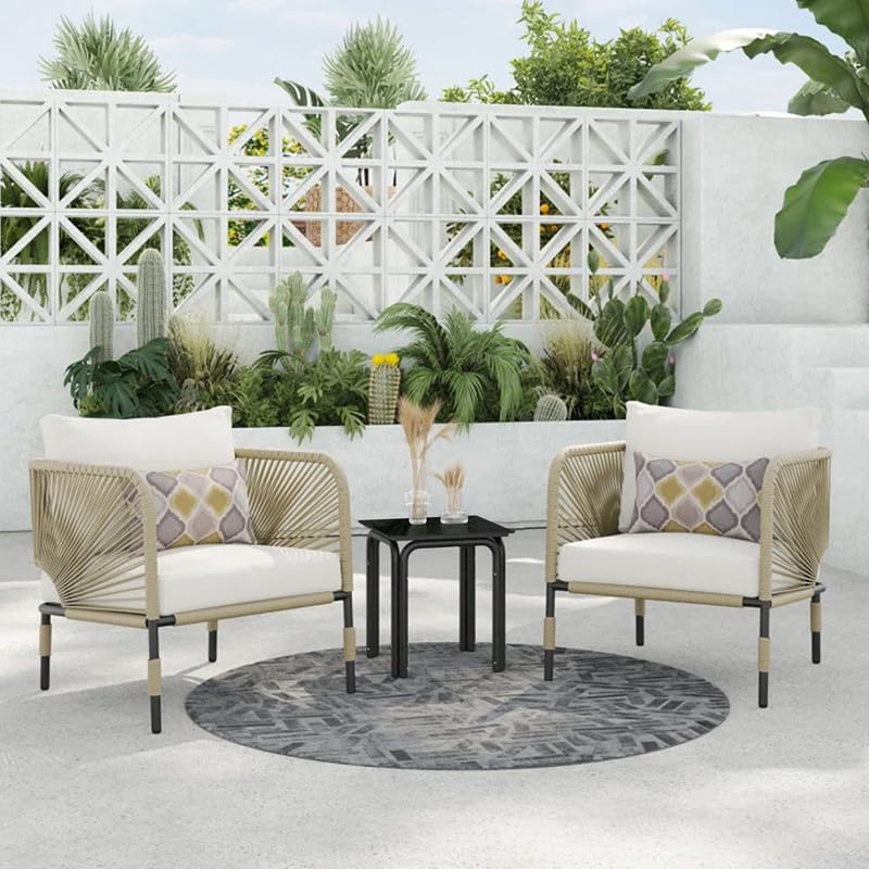 Image of OUTLIVING Garden Patio Seating 2 Chairs and 1 Coffee Table Set with Cushion | Braid and Rope Outdoor Metal Furniture Set for Balcony, Garden, Outdoor (White-Beige)