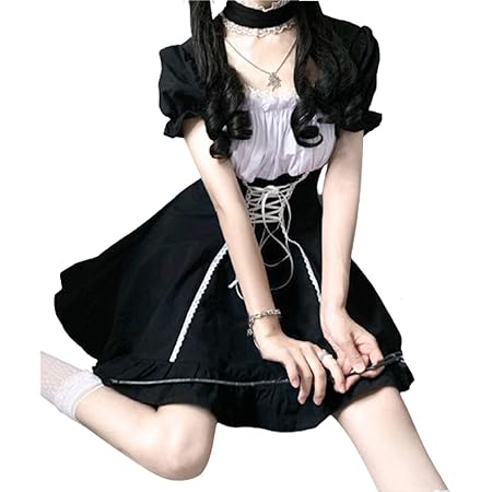 Amazon レディレイジー Lady Lazy ゴスロリ ドレス ミニ ワンピース 半袖 パフスリーブ スカート 衣装 撮影 ハイウエスト レース フリル 姫 コスプレ 女装 服 Cosplay Lolita ゴシック ロリータ 原宿 かわいい お嬢様 リボン 黒 ブラック S