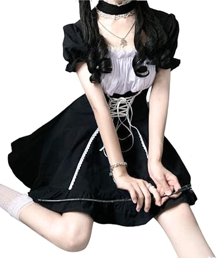 Amazon レディレイジー Lady Lazy ゴスロリ ドレス ミニ ワンピース 半袖 パフスリーブ スカート 衣装 撮影 ハイウエスト レース フリル 姫 コスプレ 女装 服 Cosplay Lolita ゴシック ロリータ 原宿 かわいい お嬢様 リボン 黒 ブラック S