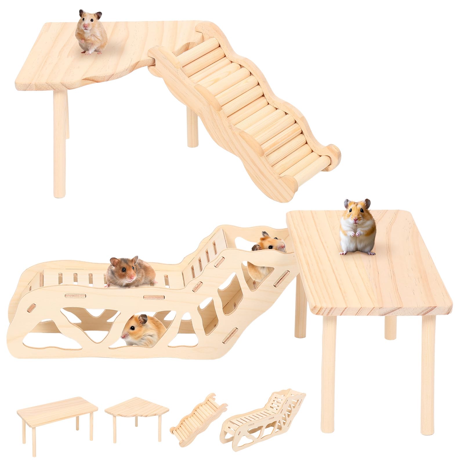 4-Piece Set Hamster Play Wooden Platform, Hamster Hides Tunnel Shelter w Ladder, Small Animal Wood Stand, Hamster Toys Cage Accessories for Dwarf Syrian Hamsters Gerbils Mice Degus or Other Small Pets - 2