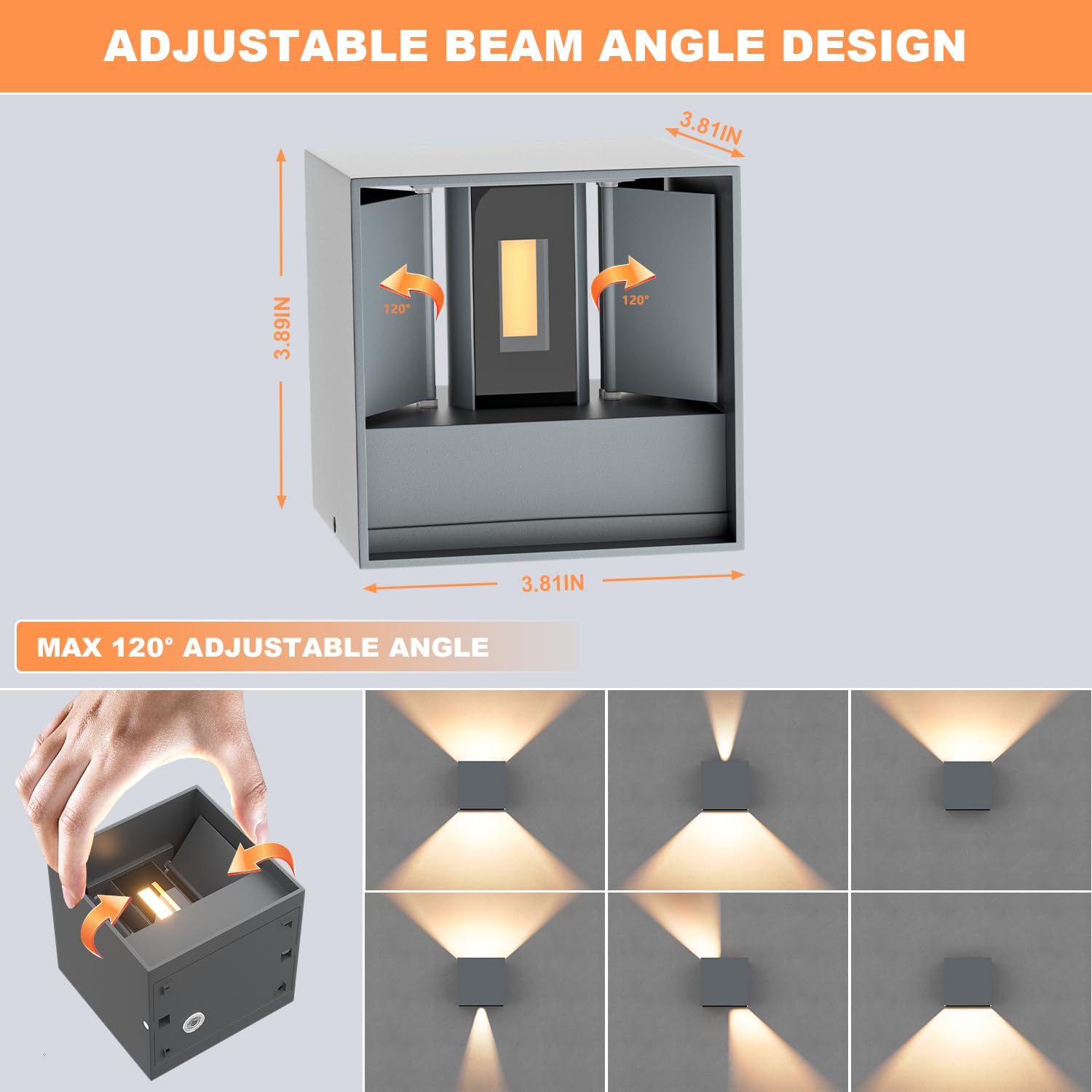 2 Pezzi Applique da Parete Esterno/Interno, 12W LED Lampada da Parete 3000K Bianco Caldo Angolo del Fascio Regolabile Applique Moderne in Alluminio IP65 Impermeabile - Grigio