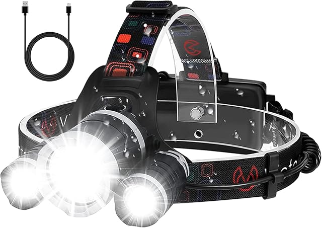 Victoper Wesho Rechargeable Headlight with 3 Lights 4 Modes, 6000 Lumen Super Bright LED Lamp, Hands-Free Flashlight Head Torch for Running, Camping, Fishing, Cycling, Hiking, Waterproof