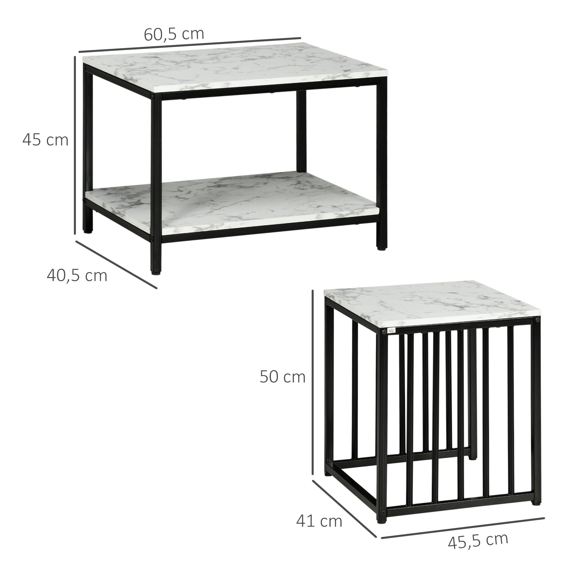 HOMCOM Lot de 2 Tables d'appoint Tables gigognes Tables Basses empilables avec Plateau Aspect Bois Effet marbre Cadre en métal Noir